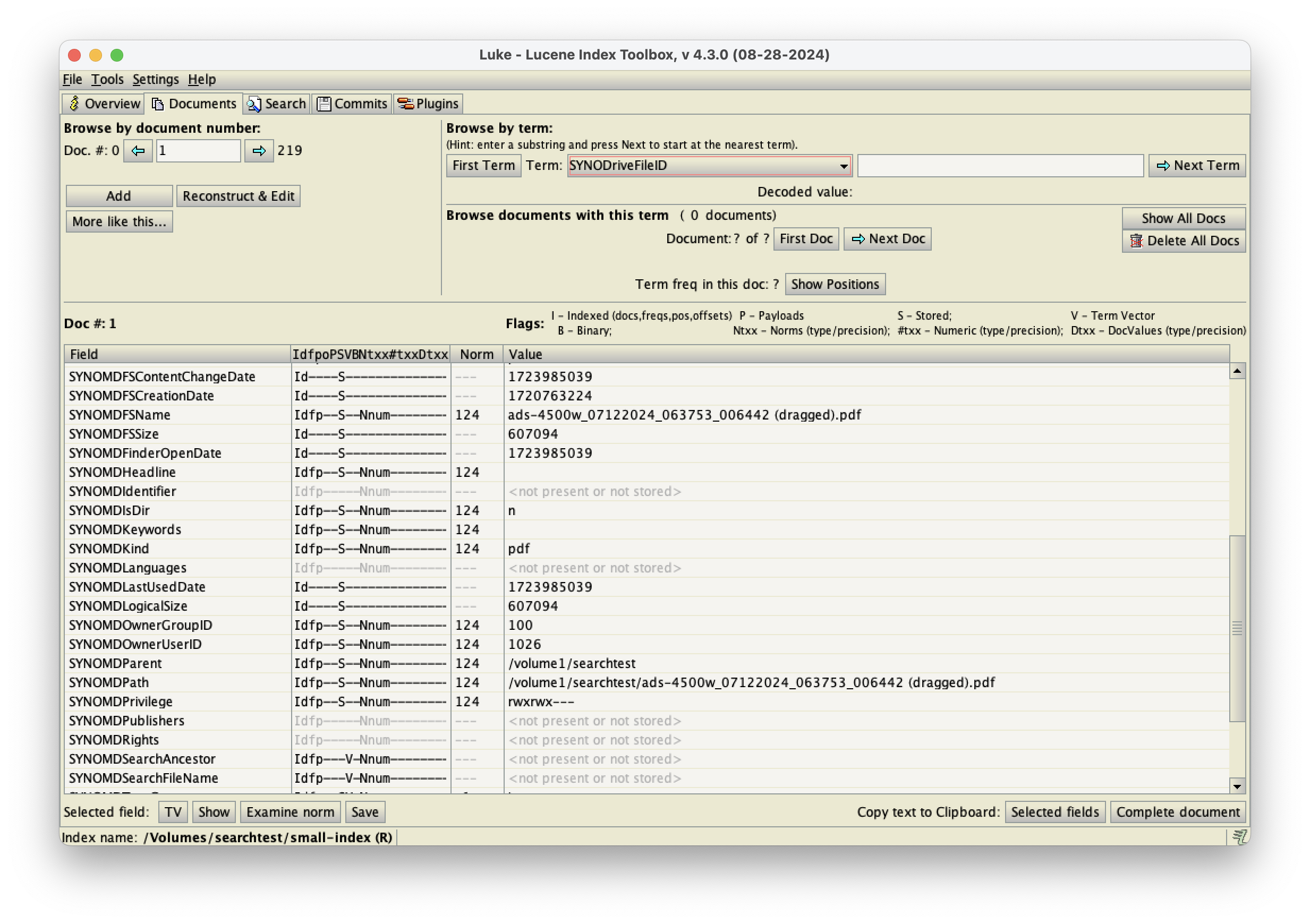 Screenshot of Luke 4.x loading Lucene++ indices created by the Synology Universal Search tool