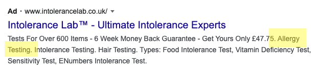 A screenshot from a Google Search response, showing an advert from IntoleranceLab. The ad displays text that clearly states they claim to provide allergy testing via hair samples.