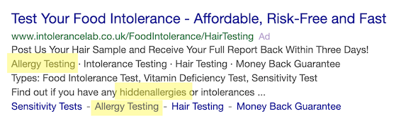 A screenshot from a Yahoo search, showing the advert from IntoleranceLab that displayed when the search terms 'allergy test' were entered. The advert clearly shows that the company claims to offer allergy testing via hair samples.
