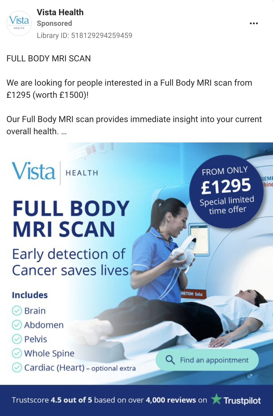 Advert stating 'early detection of cancer saves lives', asking you to fork out £1,295 for the privilege