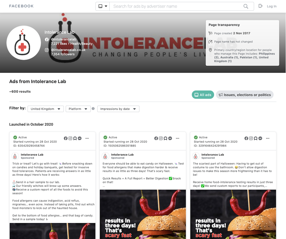 A screenshot from the Facebook Ads Library, listing all the adverts that were being paid for by IntoleranceLab Ltd in the week leading up to November 2, 2020.