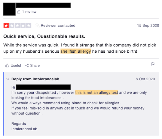 A review of IntoleranceLab: customer complains that the lab did not detect their husband's shellfish allergy. Lab replies that it is not an allergy test.
