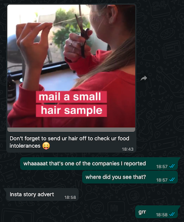 Advert displayed on Instagram for IntoleranceLab, forwarded to me via WhatsApp - the advert shows a person with a caption 'mail a small hair sample'