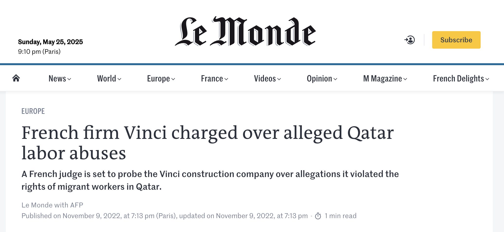 Screenshot of Le Monde newspaper, with headline, 'French firm Vinci charged over alleged Qatar labor abuses'. It goes on: 'A French judge is set to probe the Vinci construction company over allegations it violated the rights of migrant workers in Qatar.'