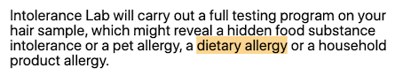 IntoleranceLab's explanation of what their scam test results will show, including dietary allergies.