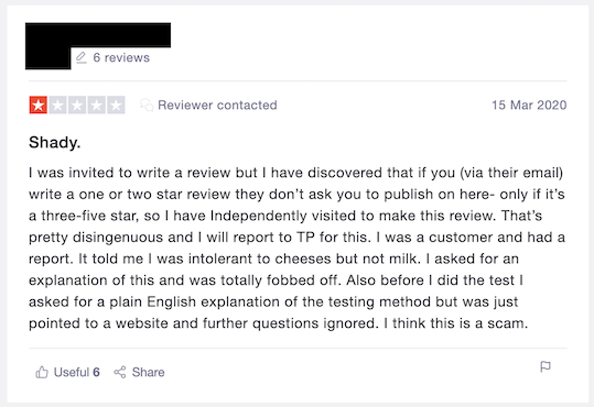 A review of IntoleranceLab: customer explains how the company were only interested in soliciting feedback for TrustPilot if the reviews were positive.