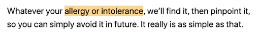 IntoleranceLab 'Allergy Testing' information including statement that they will 'pinpoint' an 'allergy or intolerance'.